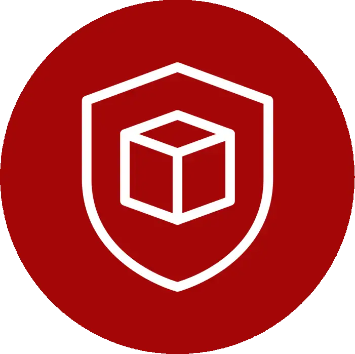 Red circular logo featuring a white shield emblem with an outlined cube inside.