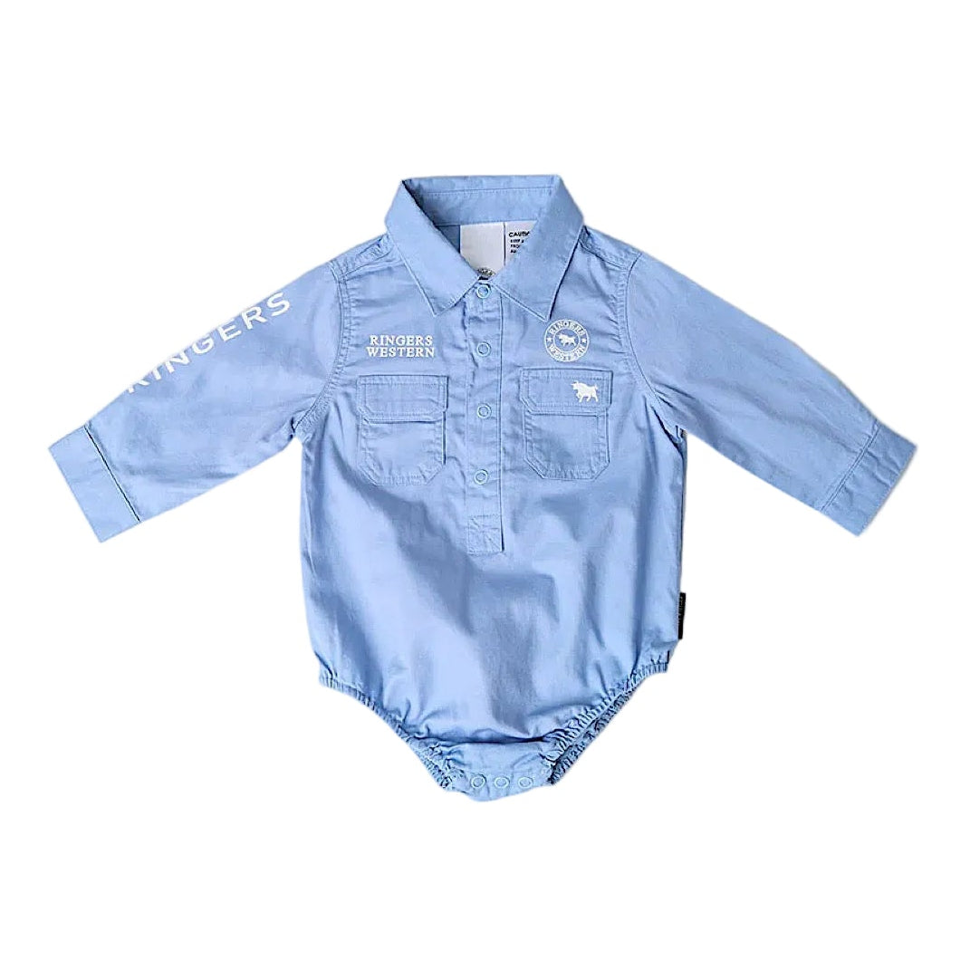 Ringers Western Babies Howdy Tot Long Sleeve Work Shirt Romper - Blue/White