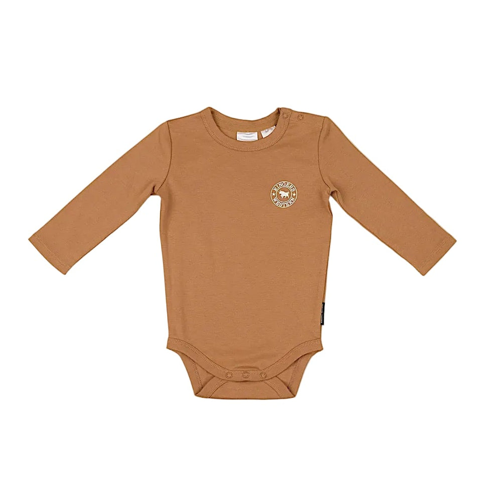 Ringers Western Babies Lil’ Rascal Signature Bull Long Sleeve Romper - Clay/White