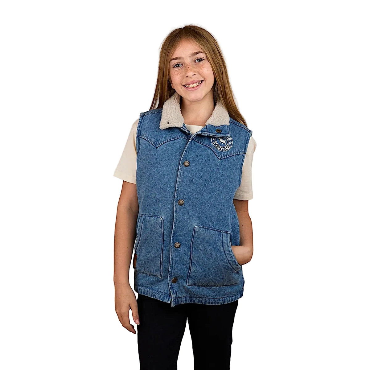 Ringers Western Girl’s Ruby Denim Sherpa Vest - Mid Wash Blue