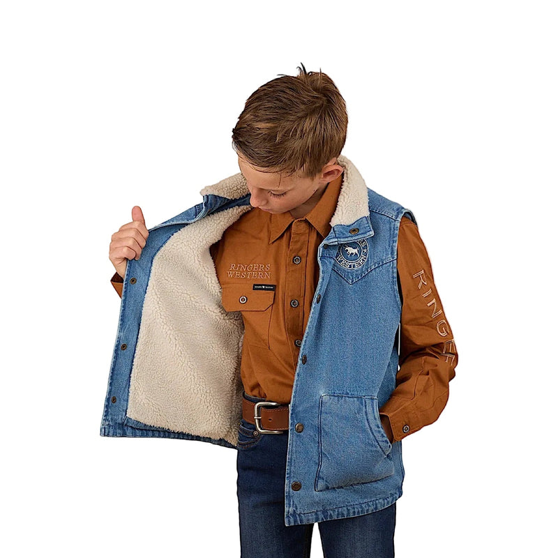 Ringers Western Girl’s Ruby Denim Sherpa Vest - Mid Wash Blue