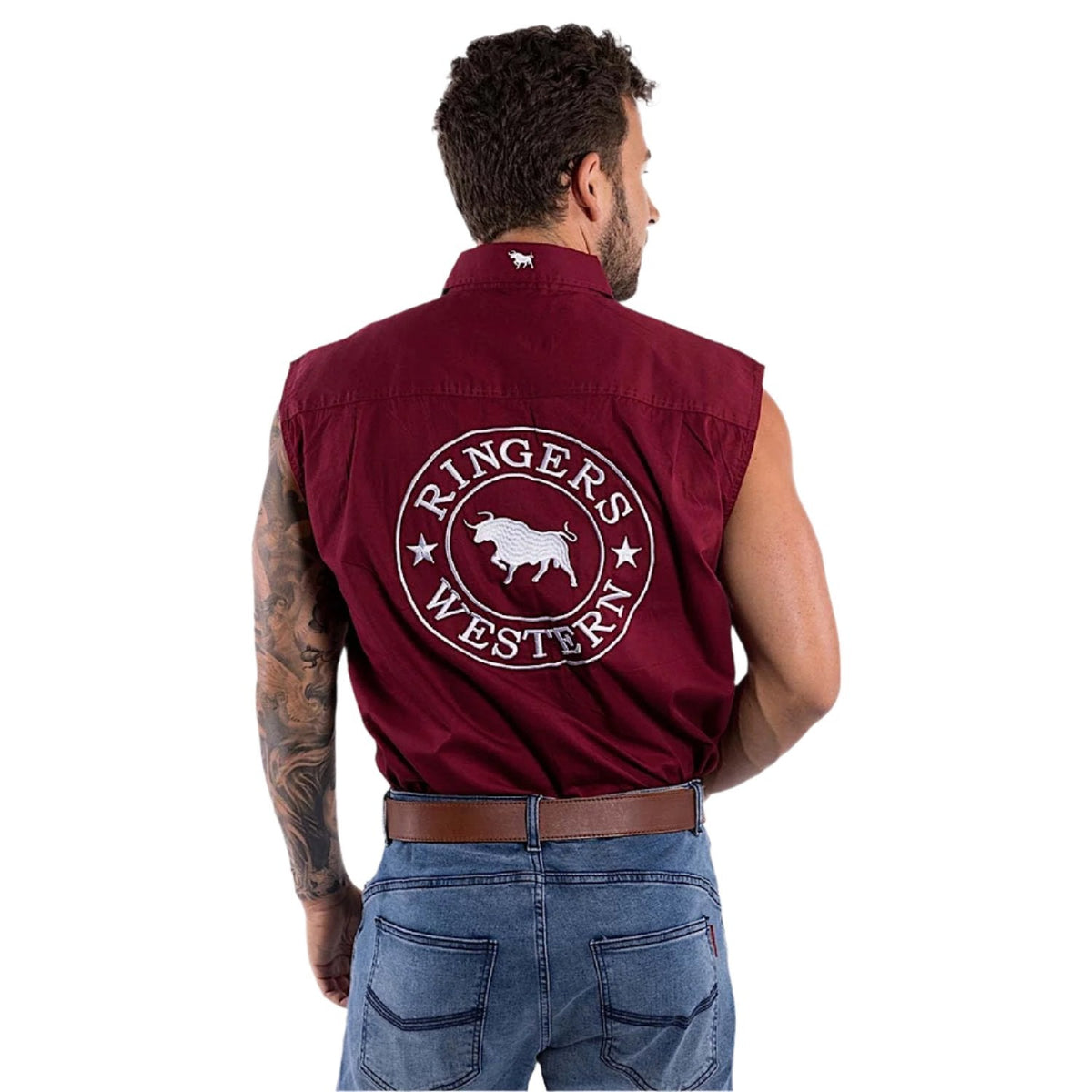 Ringers Western Hawkeye Men’s Sleeveless Work Shirt - Burgundy/White