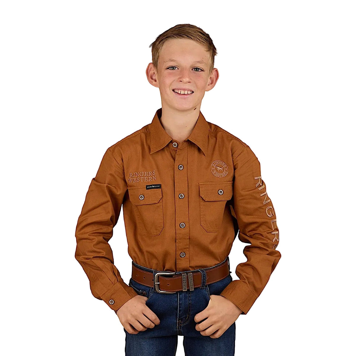 Ringers Western Kid’s Jackaroo Full Button Printed Work Shirt - Tobacco