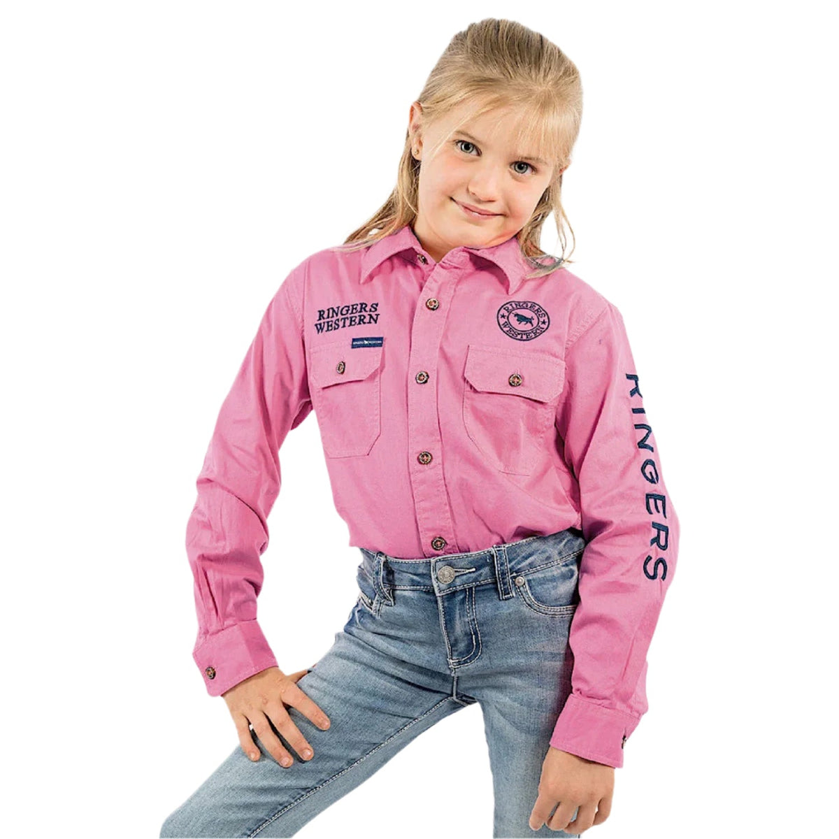 Ringers Western Kid’s Jackaroo Full Button Shirt - Pastel Pink / Navy