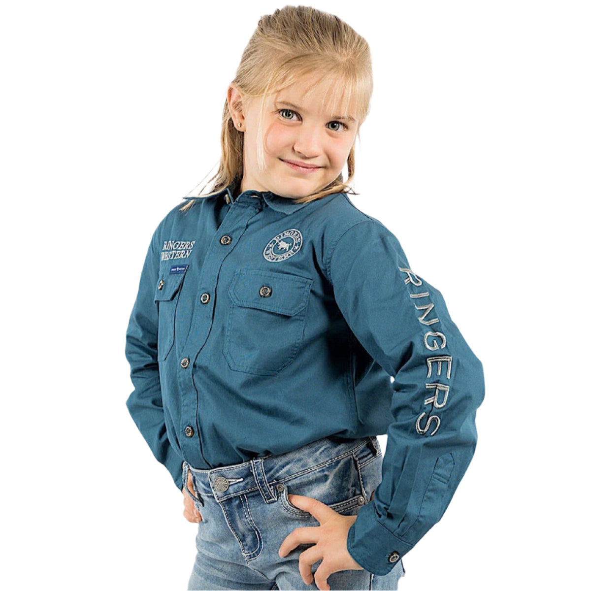 Ringers Western Kid’s Jackaroo Full Button Shirt - Petrol Blue / Ultimate Grey