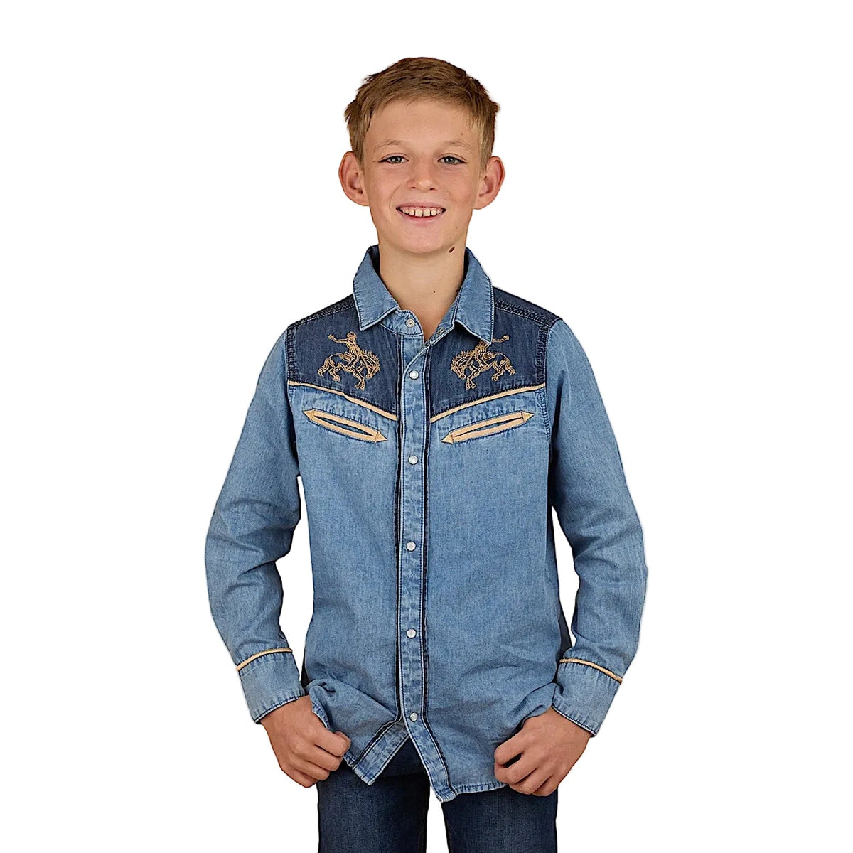 Ringers Western Kid’s Jaxon Western Shirt - Light Wash Blue