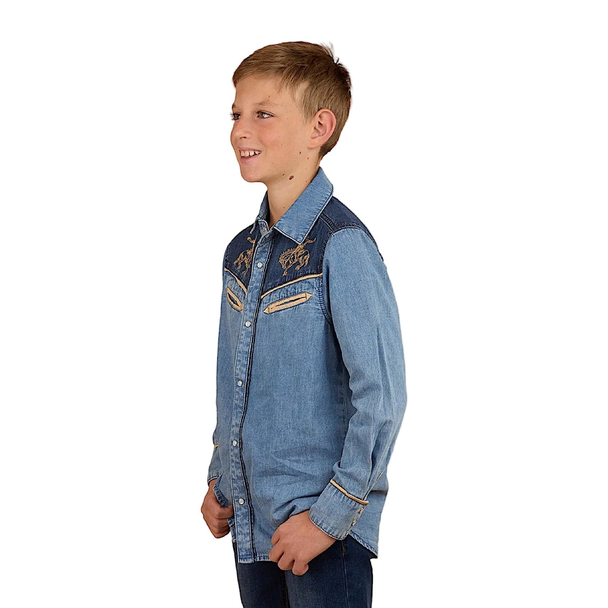 Ringers Western Kid’s Jaxon Western Shirt - Light Wash Blue