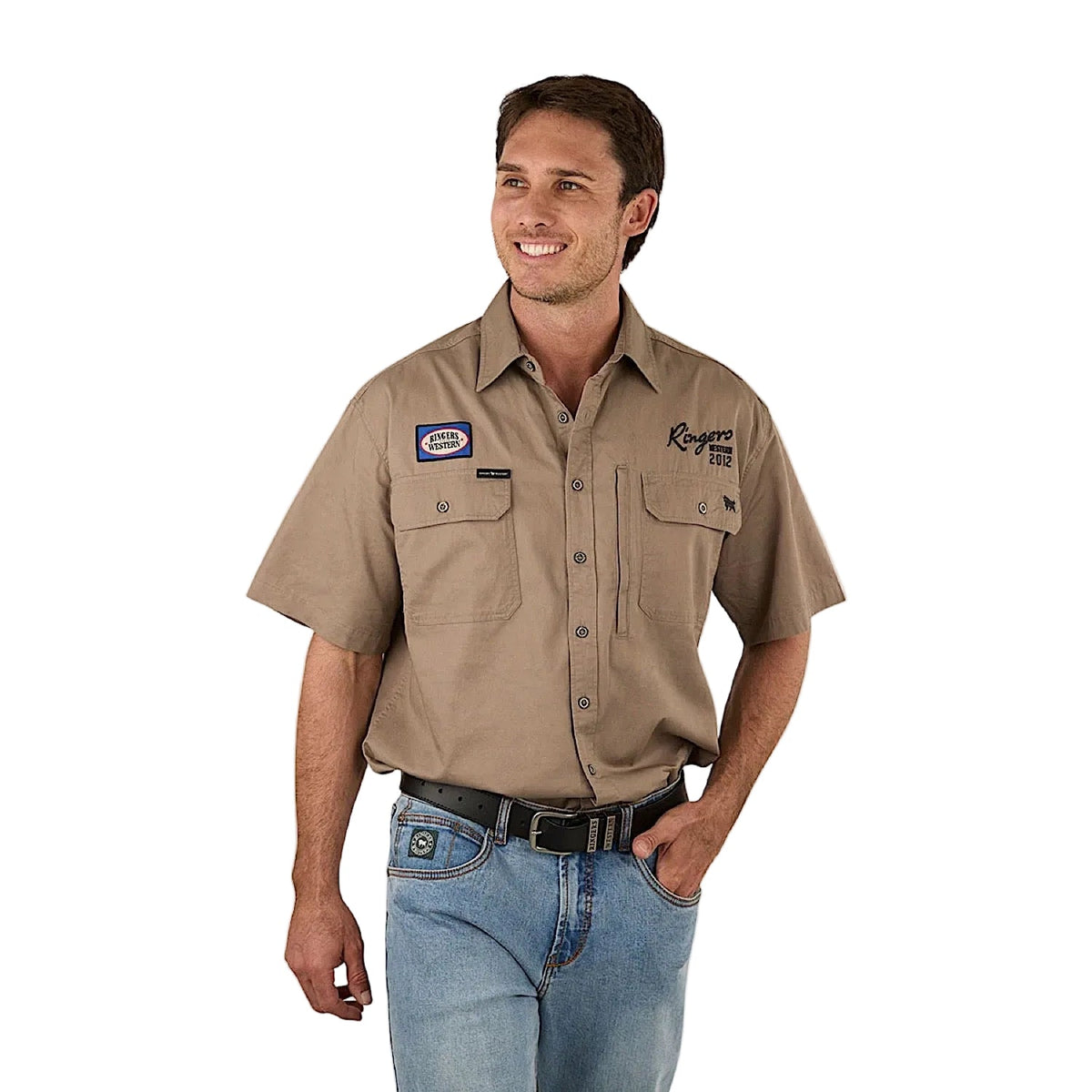 Ringers Western Men’s Bull Dodger Full Button Short Sleeve Work Shirt - Mushroom
