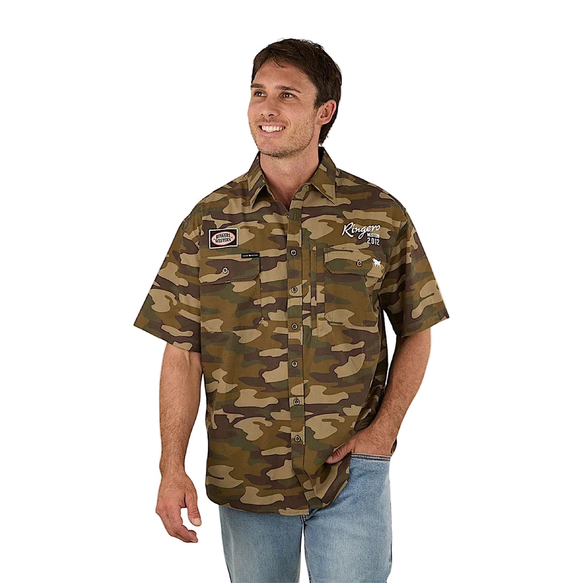 Ringers Western Men’s Bull Dodger Full Button Short Sleeve Work Shirt - Camo
