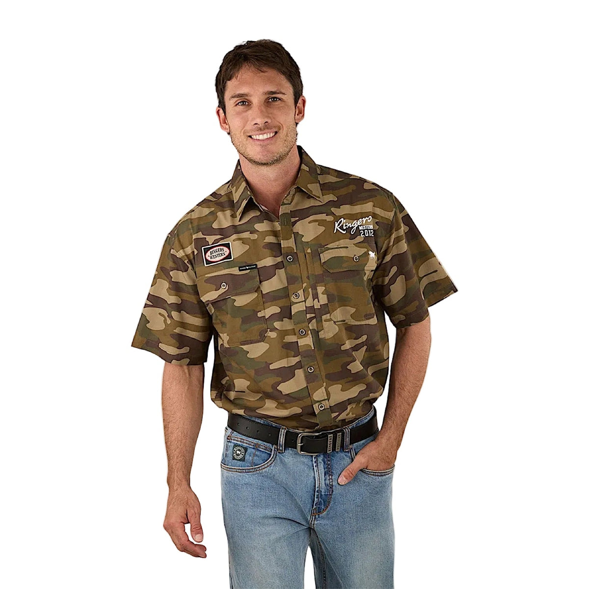 Ringers Western Men’s Bull Dodger Full Button Short Sleeve Work Shirt - Camo