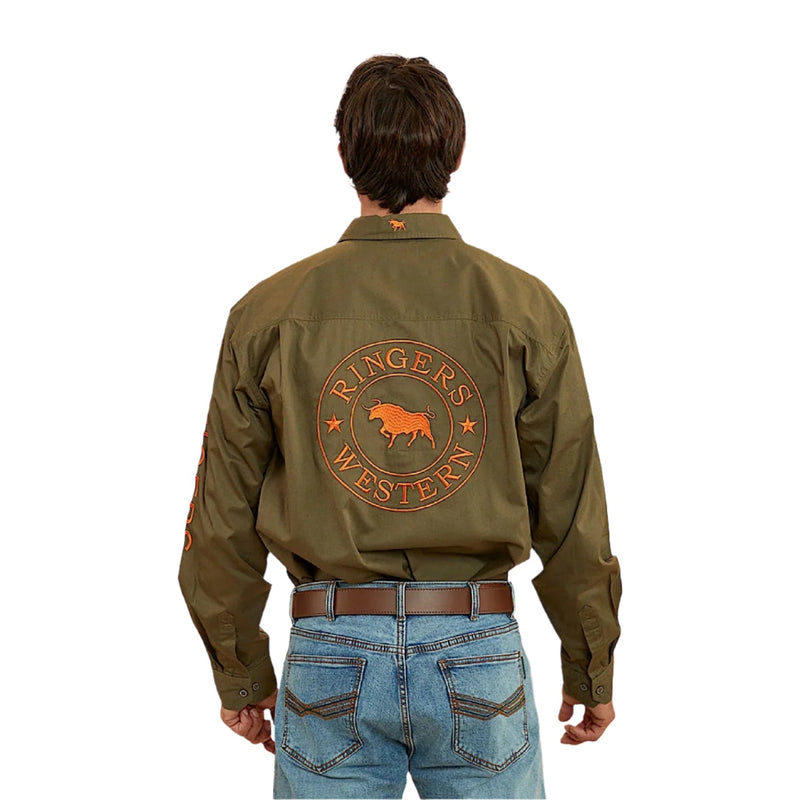 Ringers Western Men’s Hawkeye Full Button Work Shirt - Military Green/Orange
