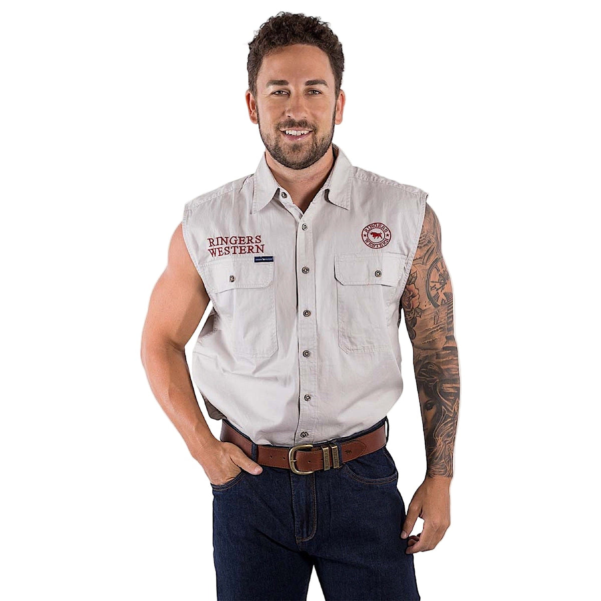 Ringers Western Men’s Hawkeye Sleeveless Work Shirt - Beige/Dark Red