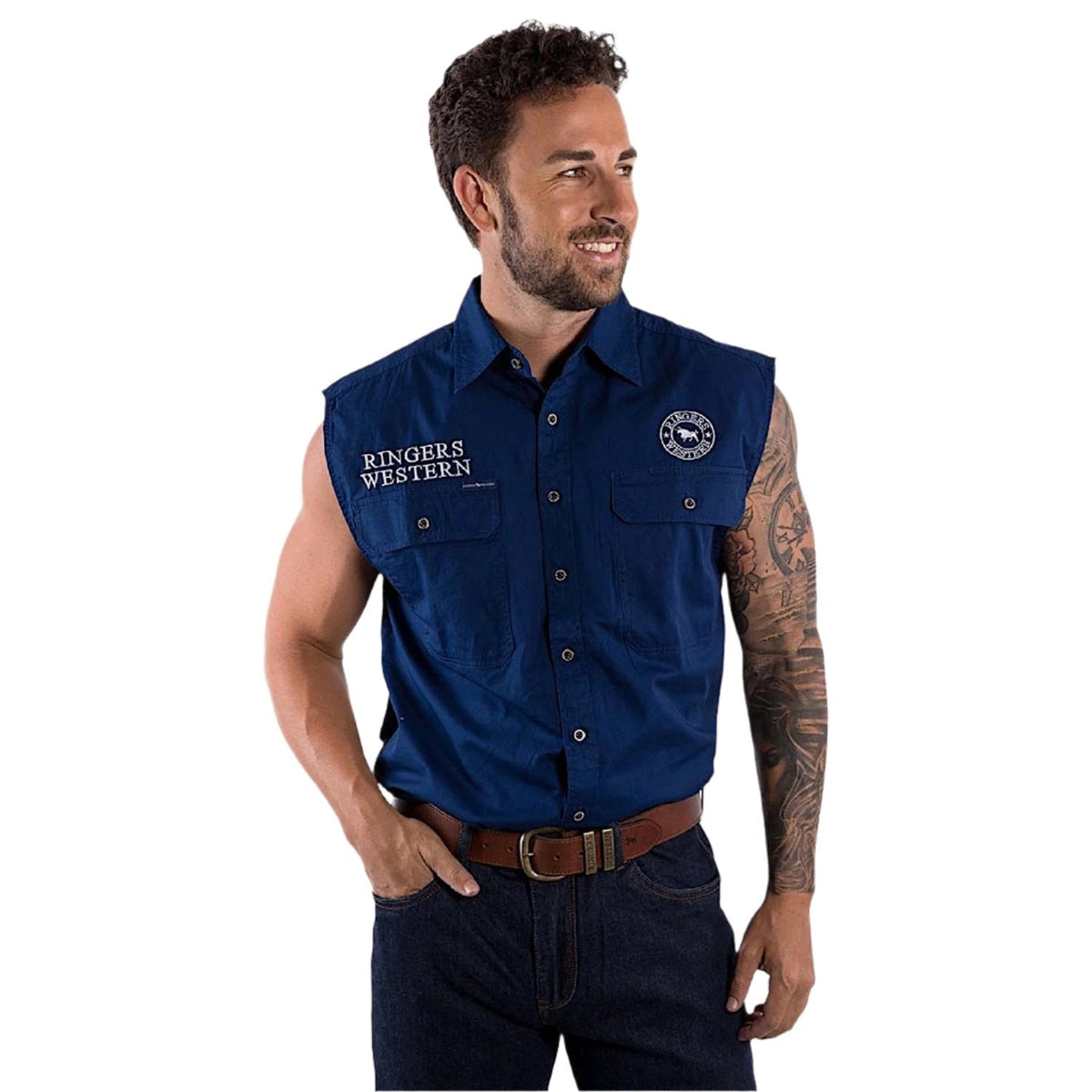 Ringers Western Men’s Hawkeye Sleeveless Work Shirt - Navy/White