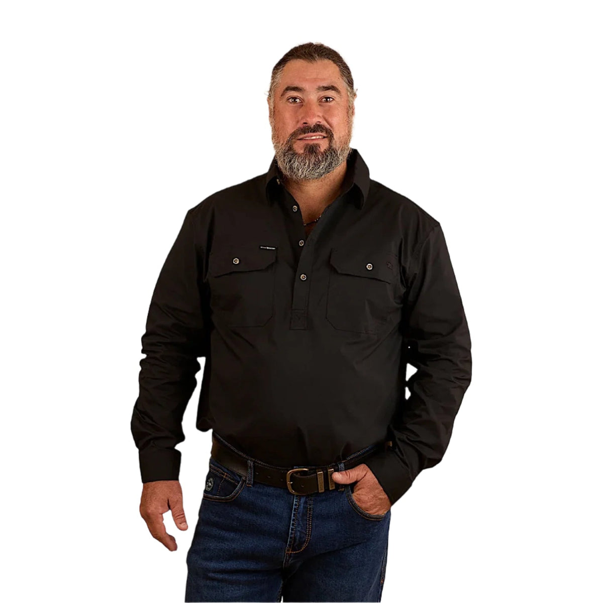 Ringers Western Men’s King River Half Button Coolmax Work Shirt - Black