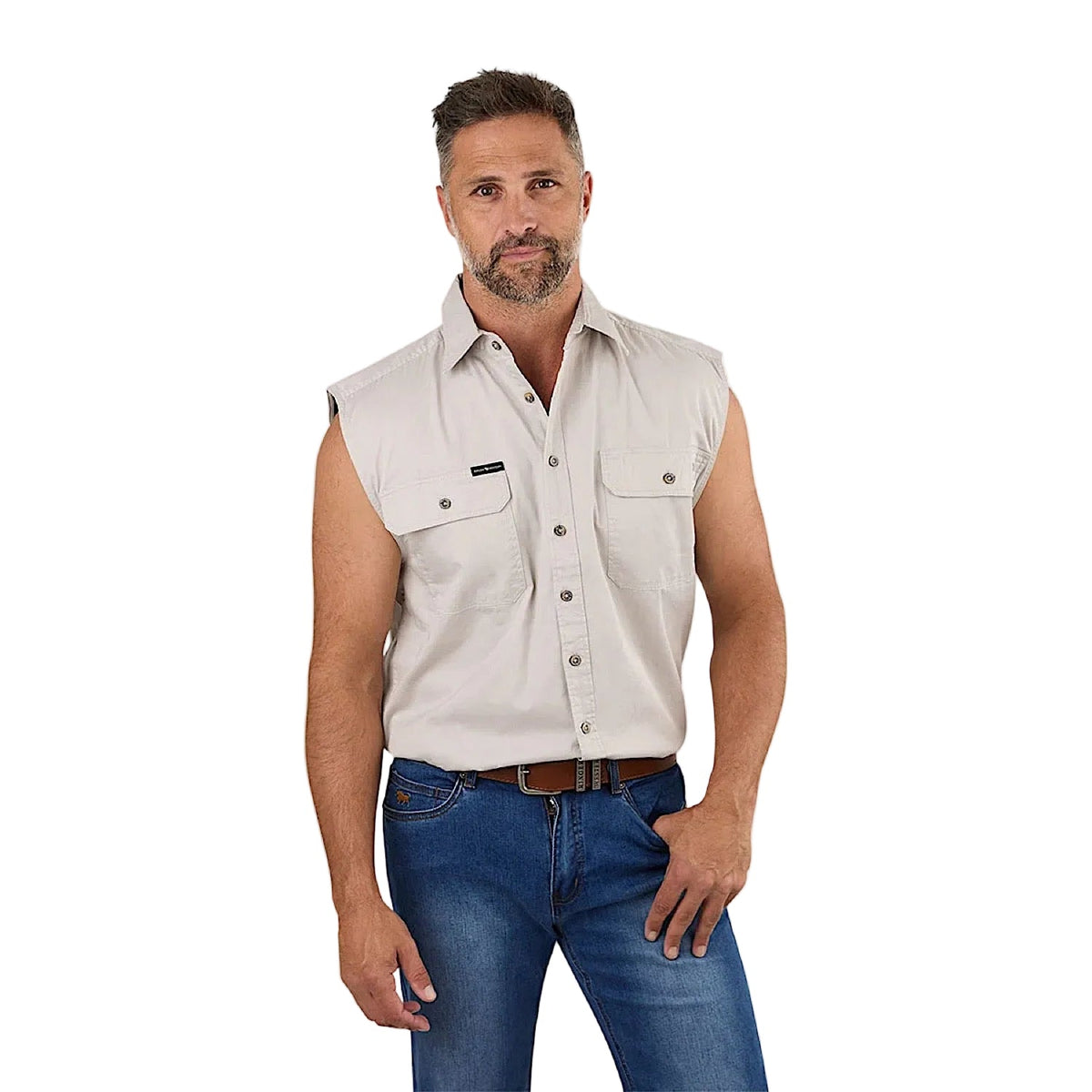 Ringers Western Men’s Rob Roy Sleeveless Full Button Work Shirt - Beige