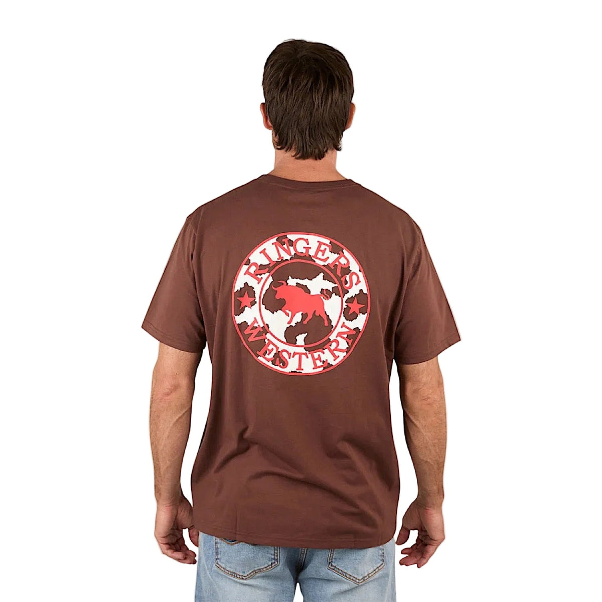 Ringers Western Men’s Signature Bull Loose T-Shirt - Chocolate/Red/Cow Print
