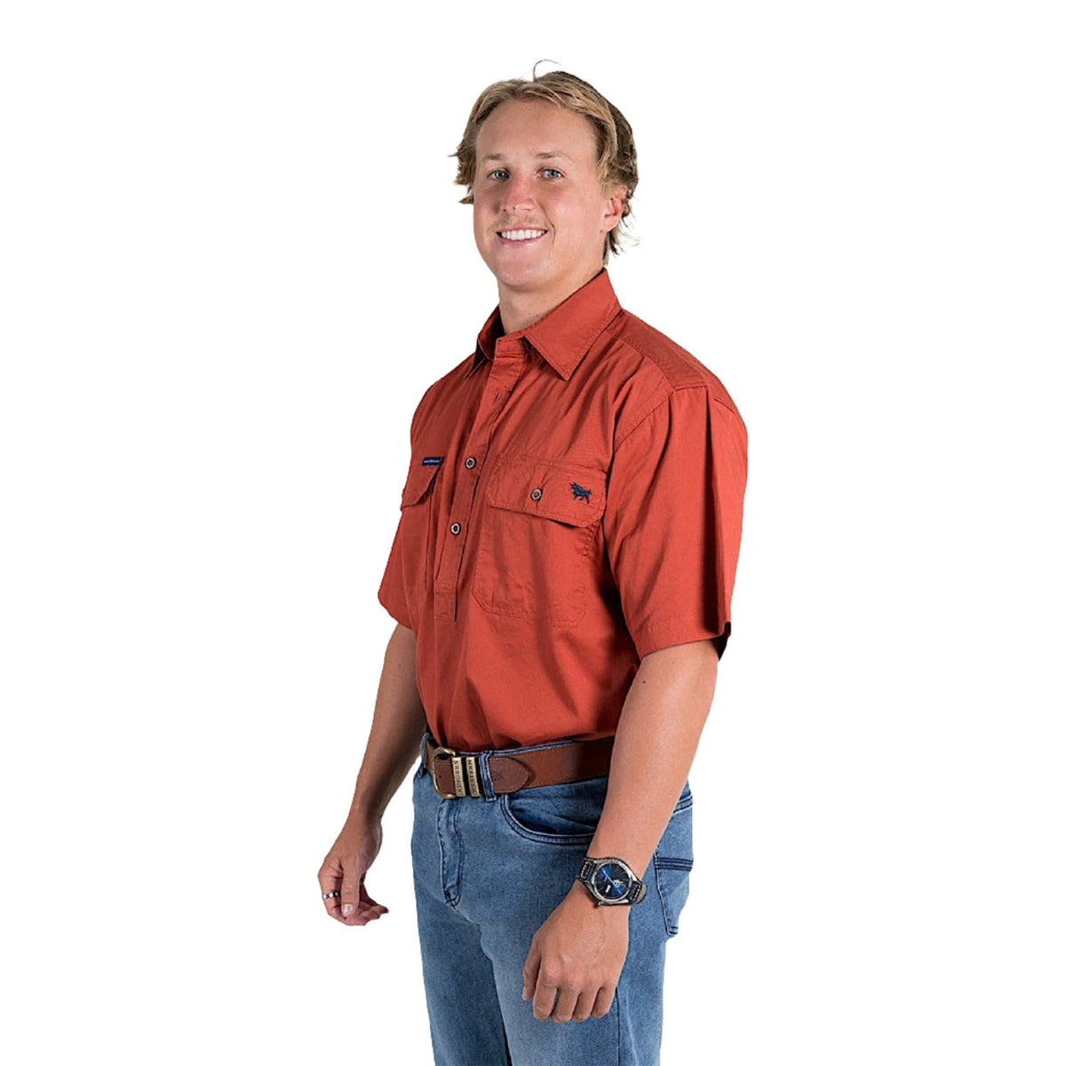 Ringers Western Pack Saddle Men’s Short Sleeve Half Button Work Shirt - Terracotta
