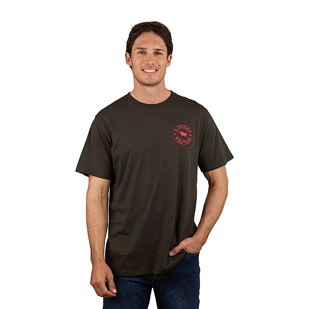 Ringers Western Signature Bull Men’s Loose T-Shirt - Charcoal/Red