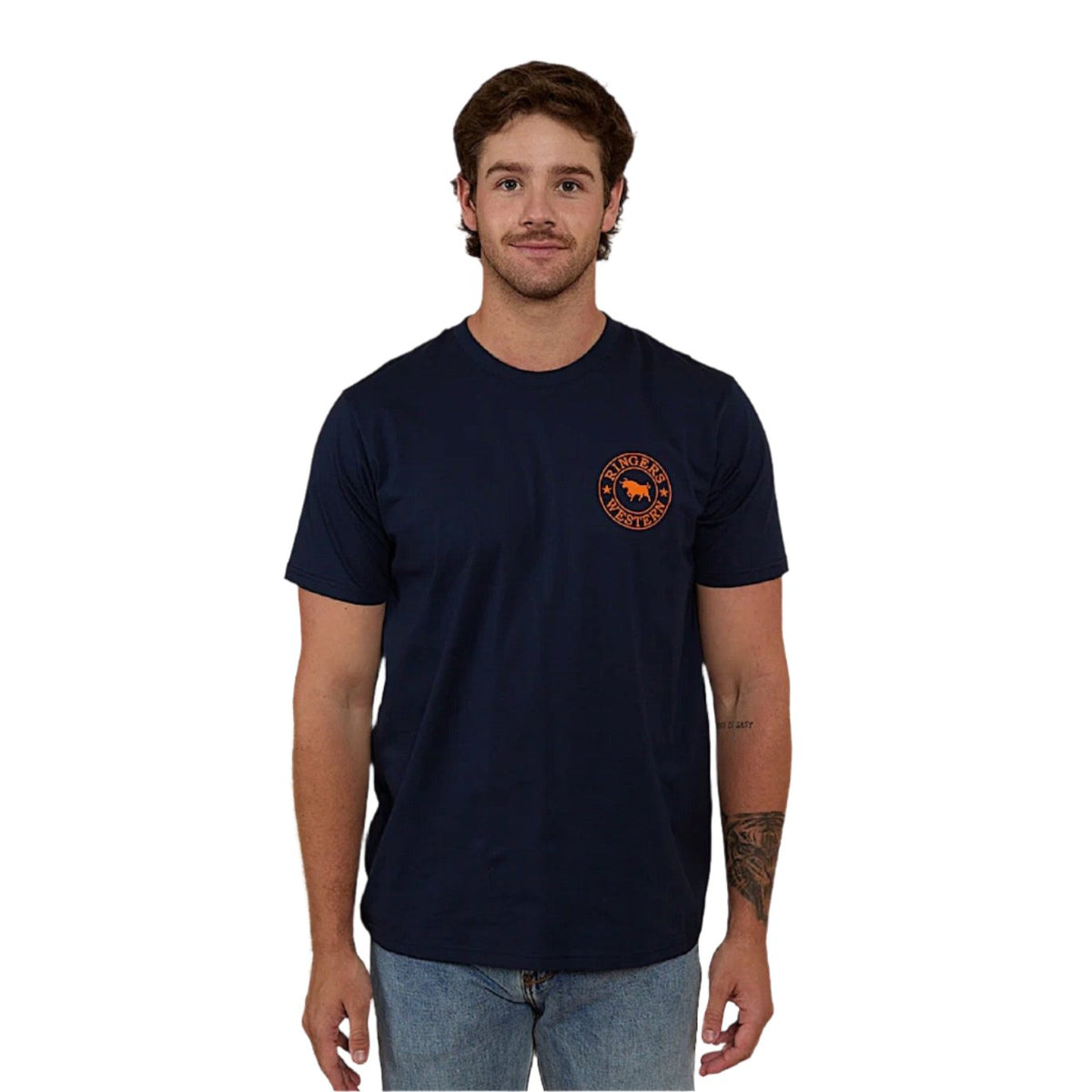 Ringers Western Signature Bull Men’s Loose T-Shirt - Navy/Orange