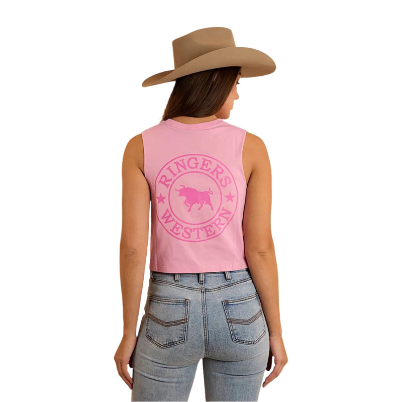 Ringers Western Signature Bull Women’s Crop Muscle Tank - Pastel Pink