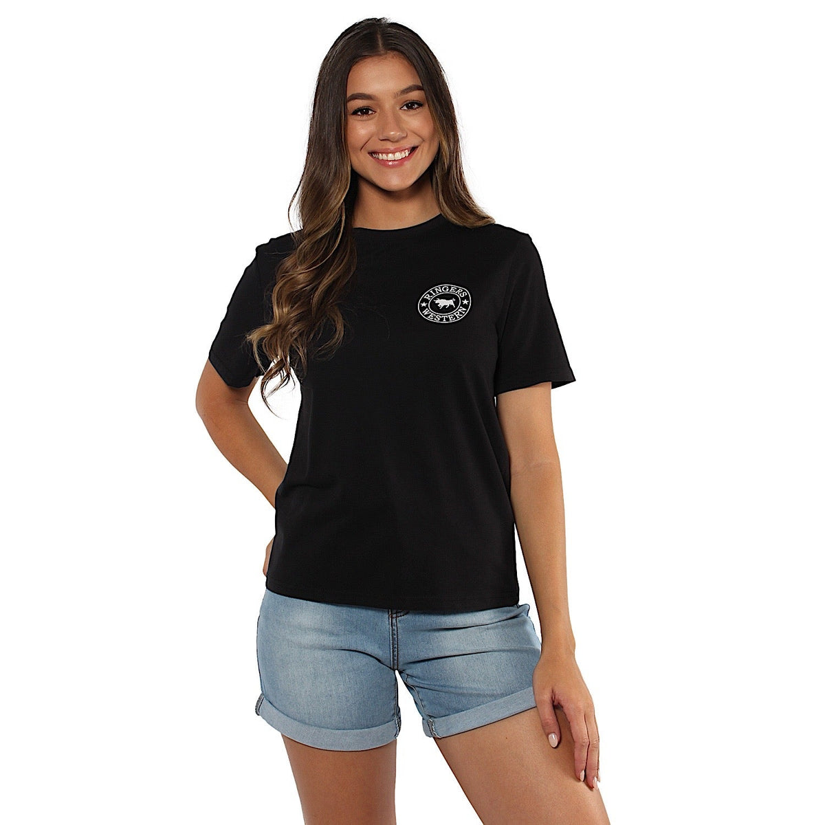 Ringers Western Signature Bull Women’s Loose T-Shirt - Black with White Print