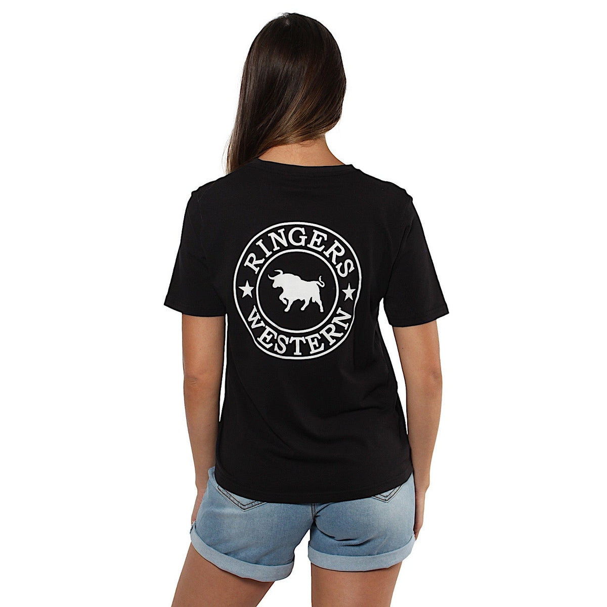 Ringers Western Signature Bull Women’s Loose T-Shirt - Black with White Print