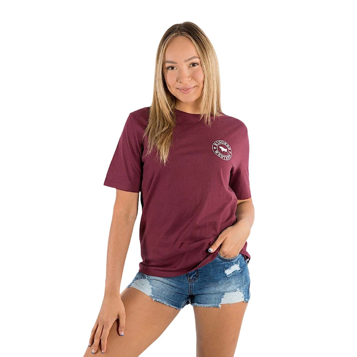 Ringers Western Signature Bull Women’s Loose T-Shirt - Burgundy with White Print