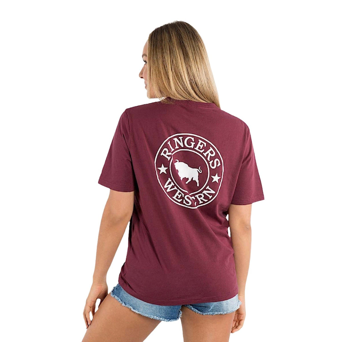 Ringers Western Signature Bull Women’s Loose T-Shirt - Burgundy with White Print