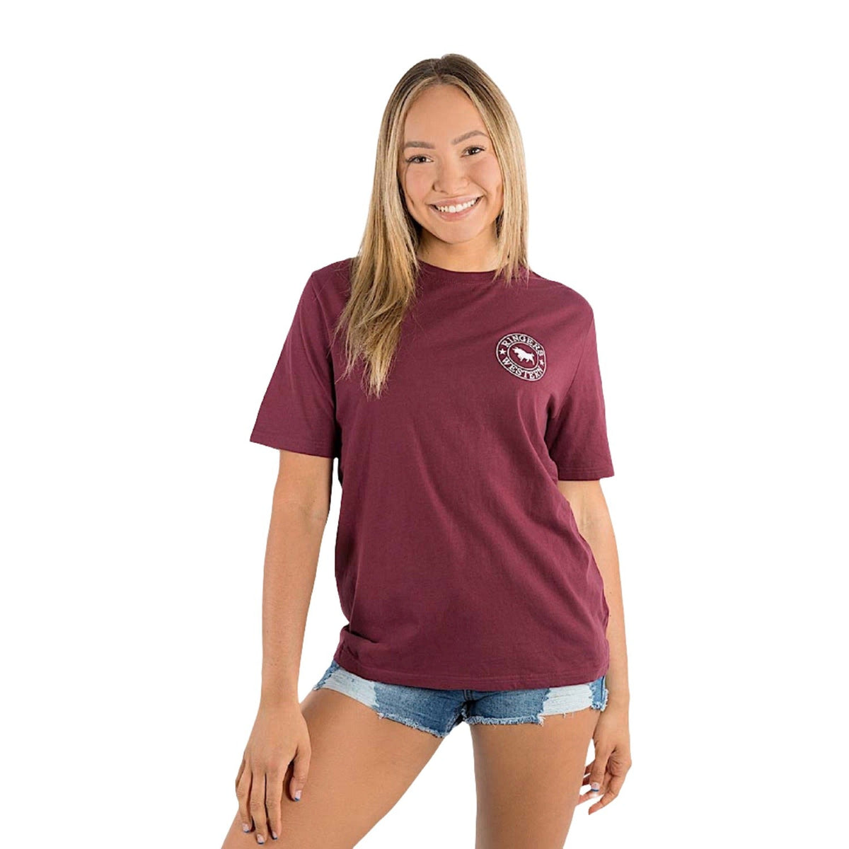 Ringers Western Signature Bull Women’s Loose T-Shirt - Burgundy with White Print