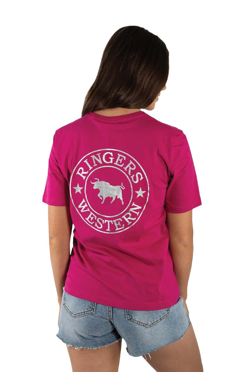 Ringers Western Signature Bull Women’s Loose T-Shirt - Magenta/Silver