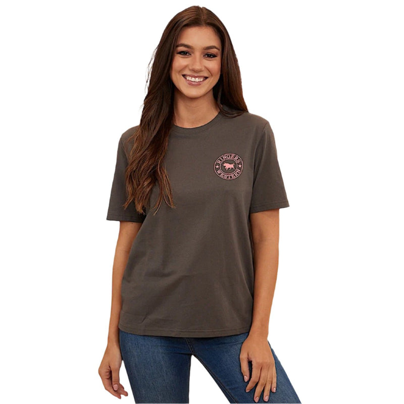 Ringers Western Signature Bull Women’s Loose T-Shirt - Vintage Black with Strawberry Print