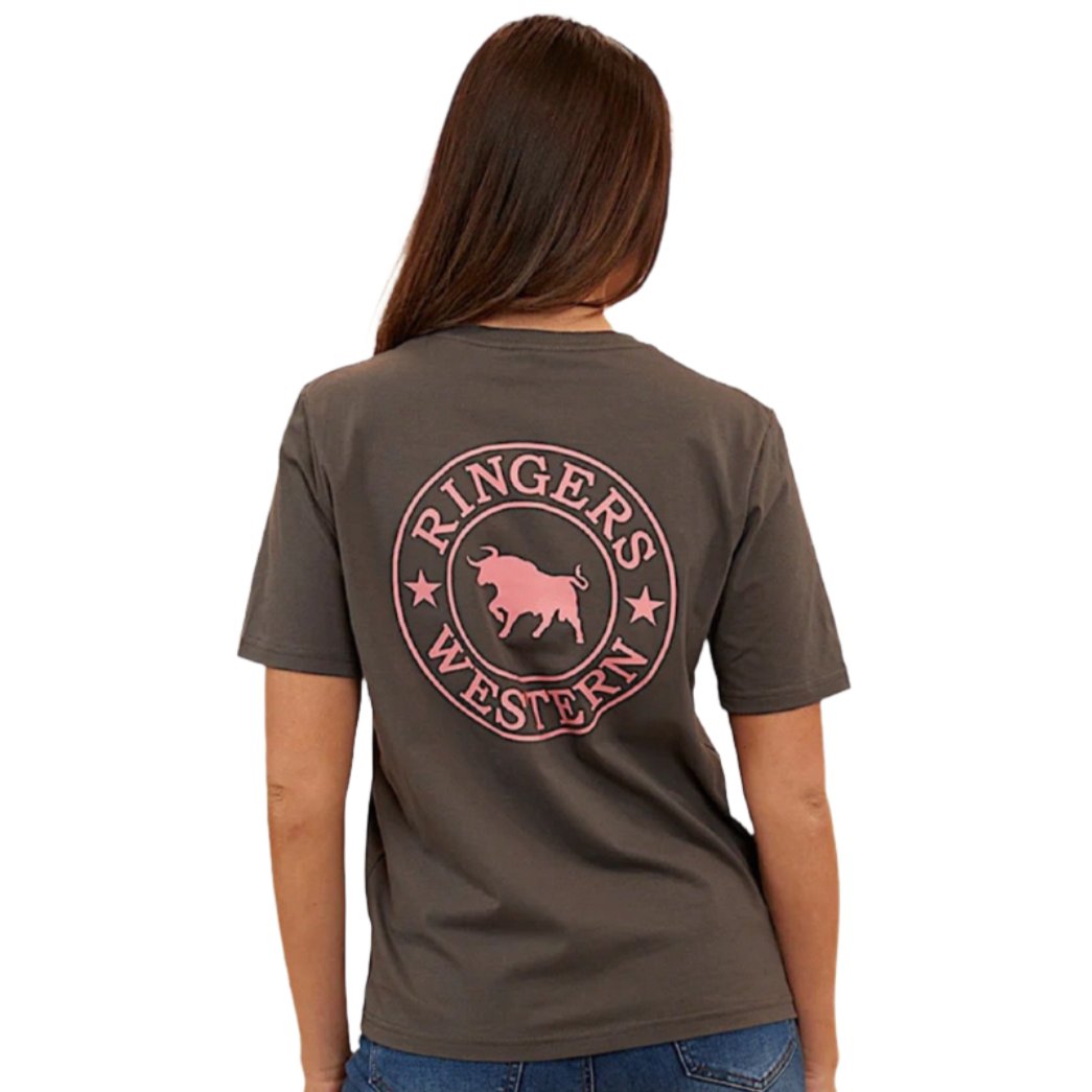 Ringers Western Signature Bull Women’s Loose T-Shirt - Vintage Black with Strawberry Print