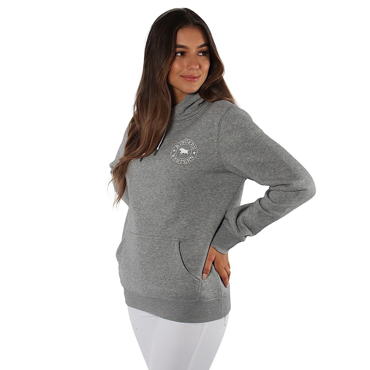 Ringers Western Signature Bull Women’s Pullover Hoodie - Grey Marle with White Print