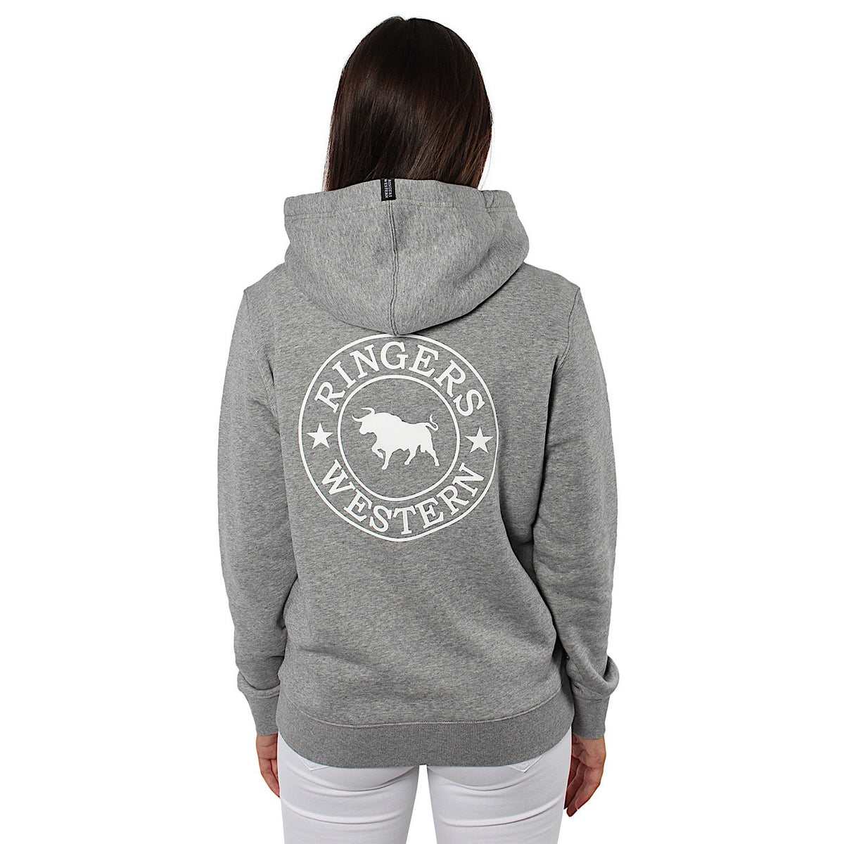 Ringers Western Signature Bull Women’s Pullover Hoodie - Grey Marle with White Print