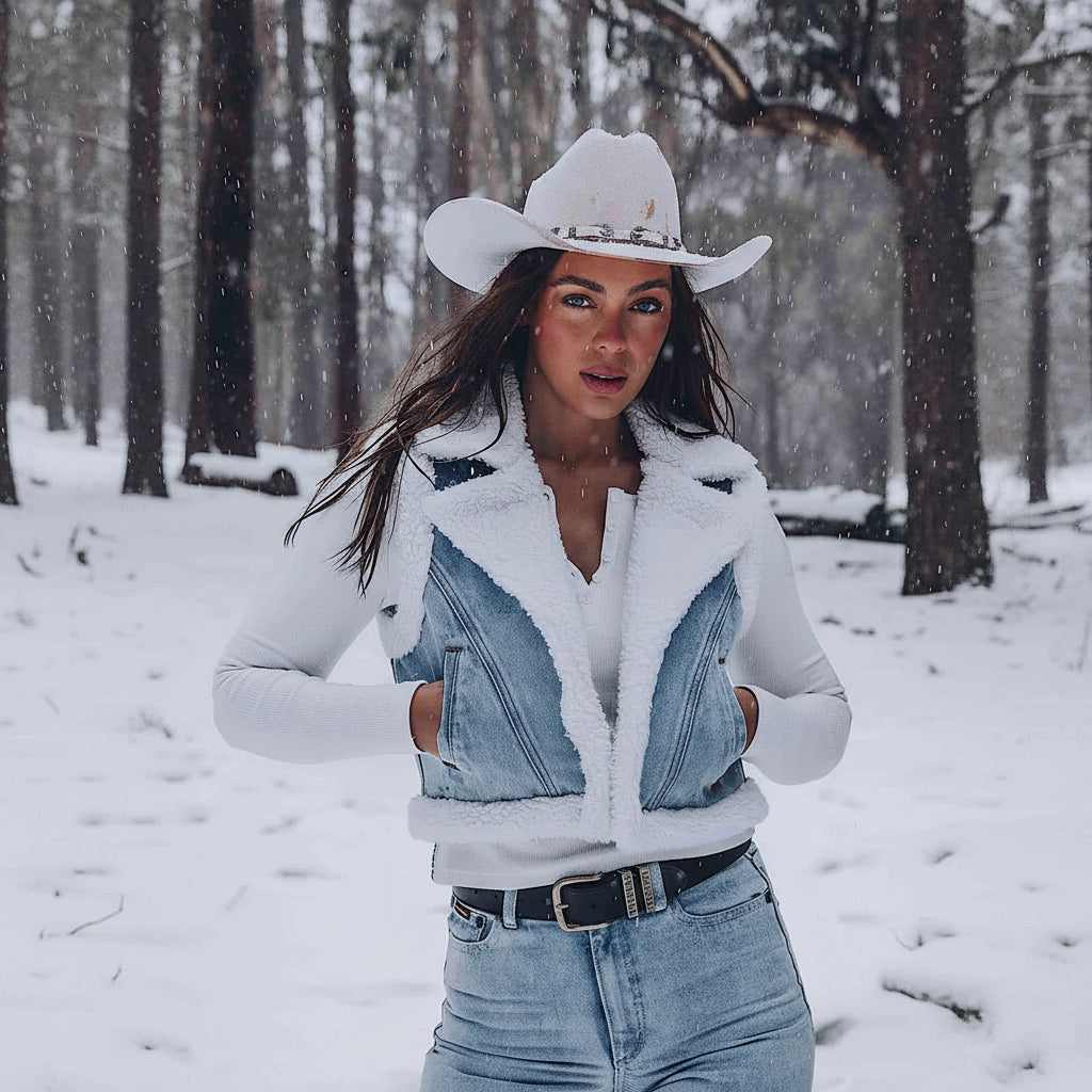 Ringers Western Women’s Amaya Denim Sherpa Vest - Vintage Light Blue/Dark Mid Blue