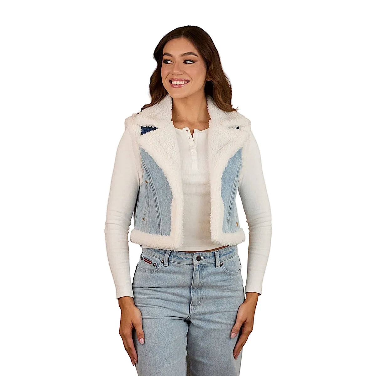 Ringers Western Women’s Amaya Denim Sherpa Vest - Vintage Light Blue/Dark Mid Blue