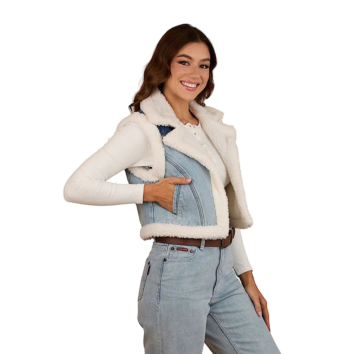 Ringers Western Women’s Amaya Denim Sherpa Vest - Vintage Light Blue/Dark Mid Blue