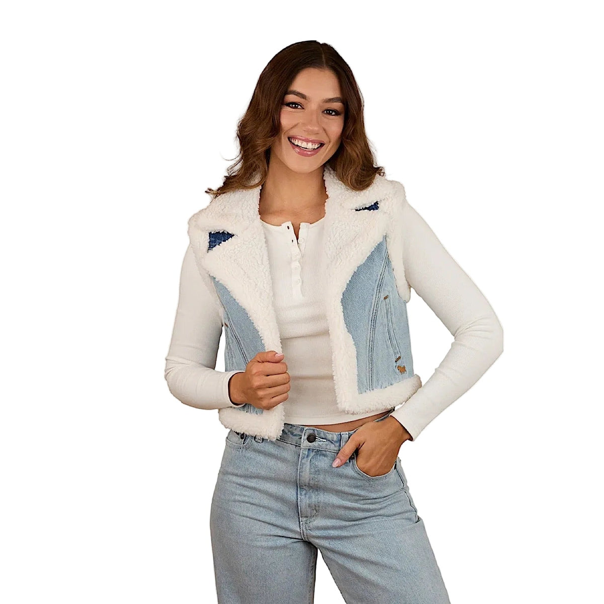 Ringers Western Women’s Amaya Denim Sherpa Vest - Vintage Light Blue/Dark Mid Blue