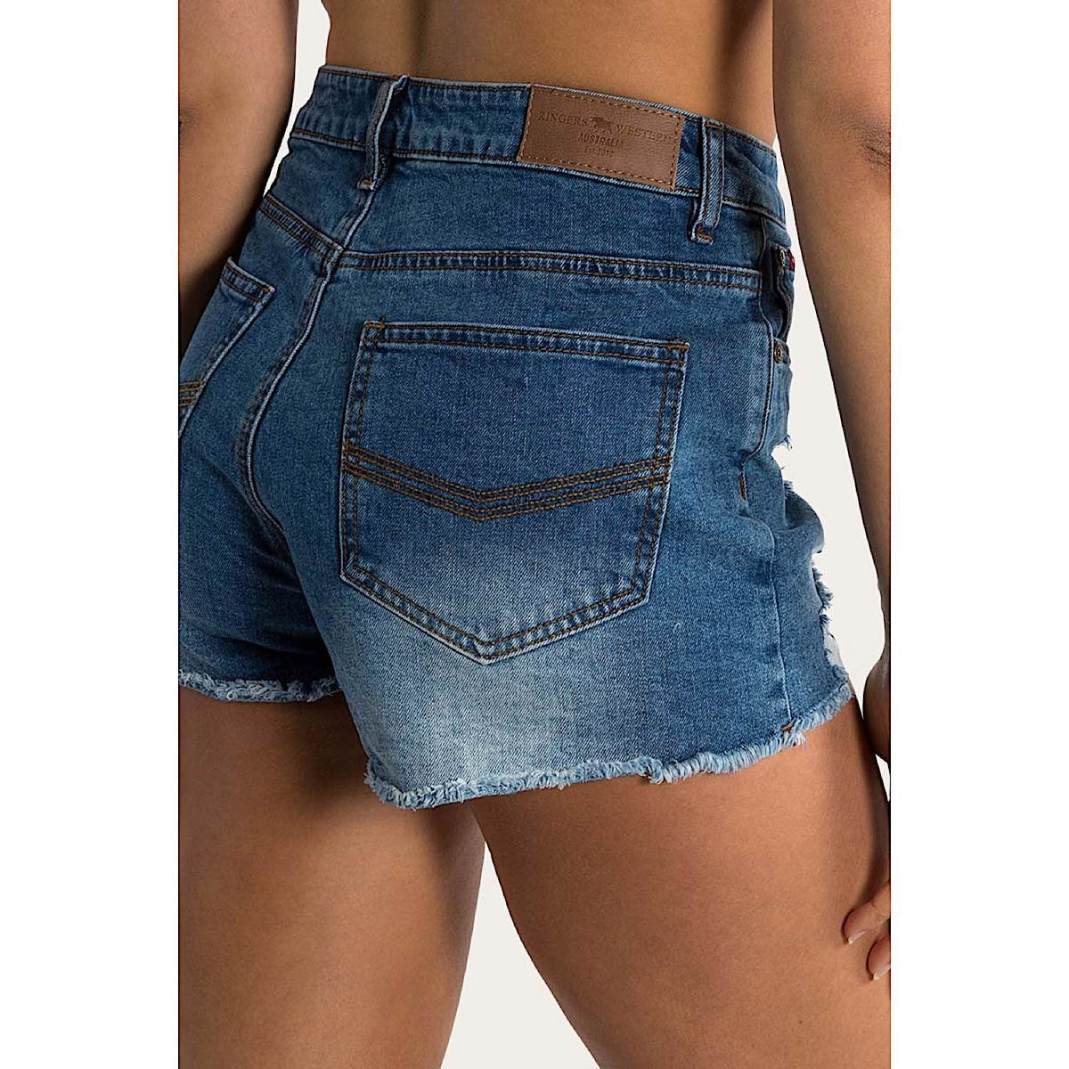 Ringers Western Women’s Jessie Mid Rise Ripped Denim Short - True Blue