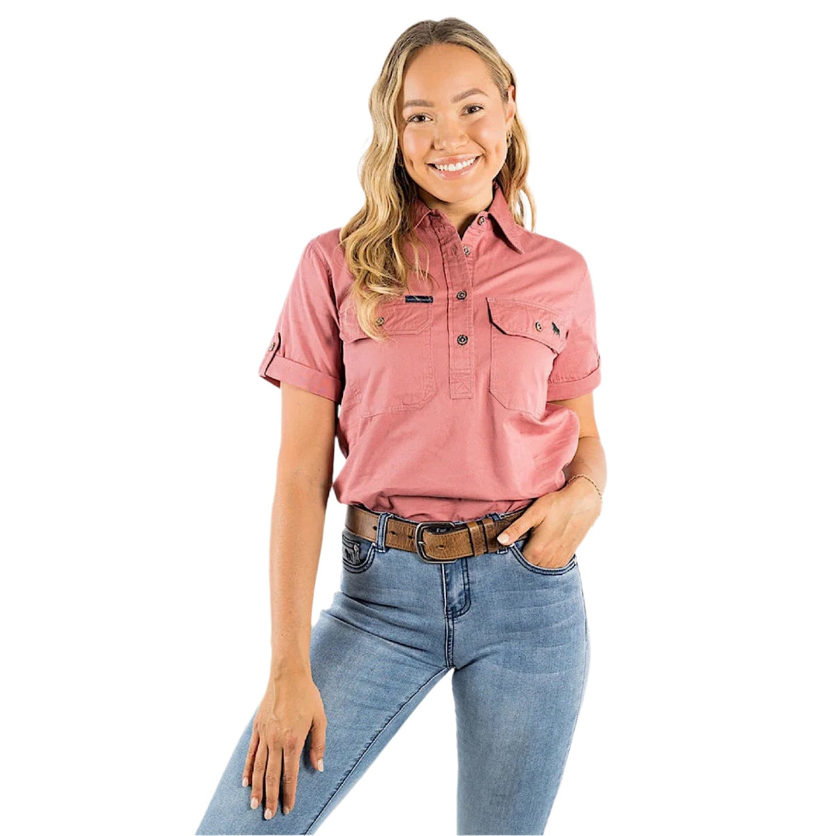 Ringers Western Women’s Jules Half Button Short Sleeve Work Shirt - Dusty Rose