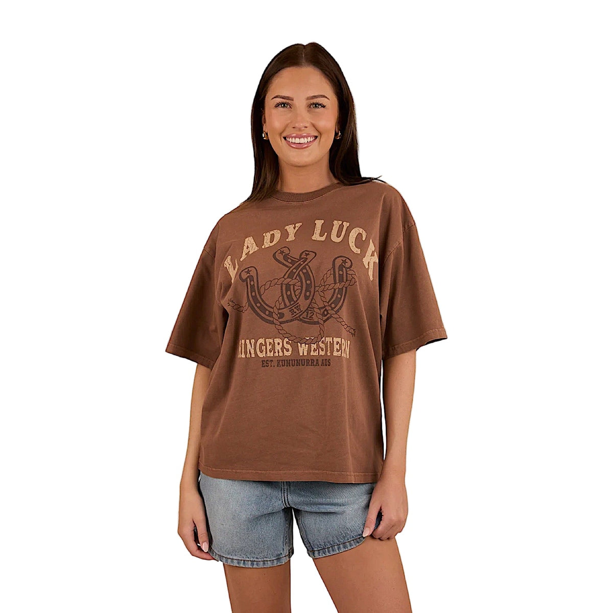 Ringers Western Women’s Lady Luck Oversized T-Shirt - Washed Saddle Brown