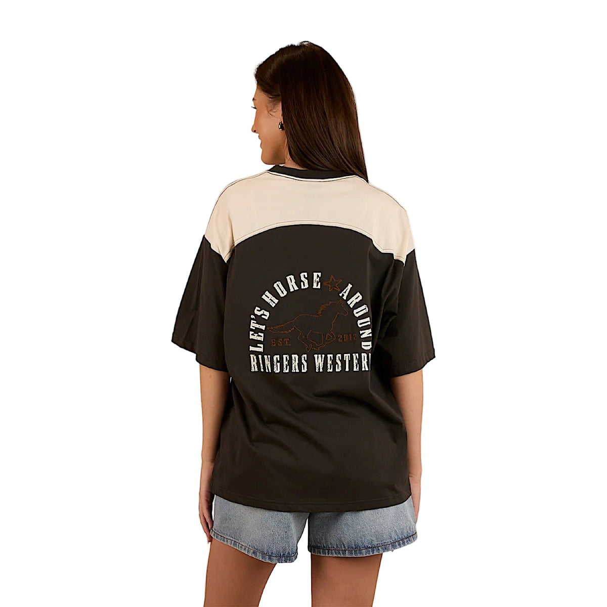 Ringers Western Women’s Let’s Horse Around Oversized T-Shirt - Washed Black/Off White