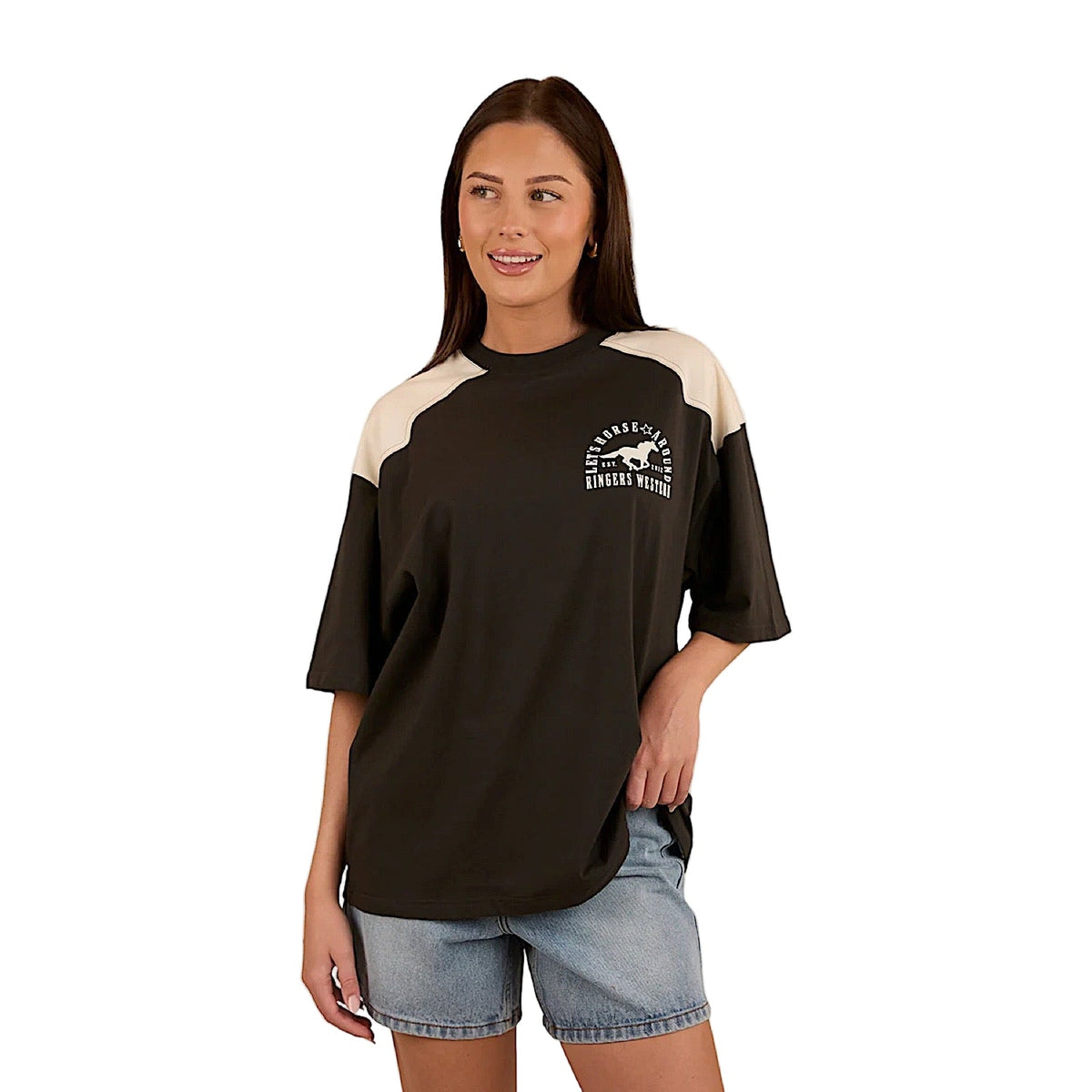 Ringers Western Women’s Let’s Horse Around Oversized T-Shirt - Washed Black/Off White