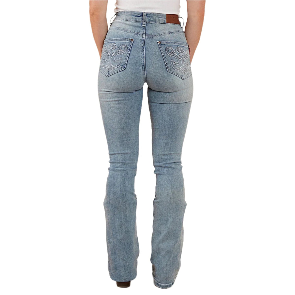 Ringers Western Women's Penny Rodeo High Rise Bootleg Jean - Light Blue Lurex Embroidered Pocket
