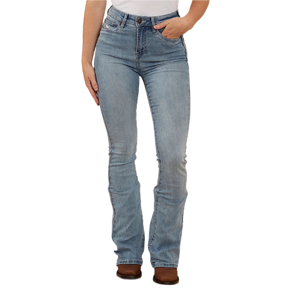 Ringers Western Women's Penny Rodeo High Rise Bootleg Jean - Light Blue Lurex Embroidered Pocket