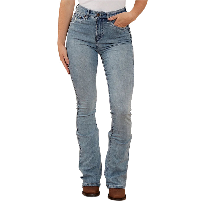 Ringers Western Women's Penny Rodeo High Rise Bootleg Jean - Light Blue Lurex Embroidered Pocket