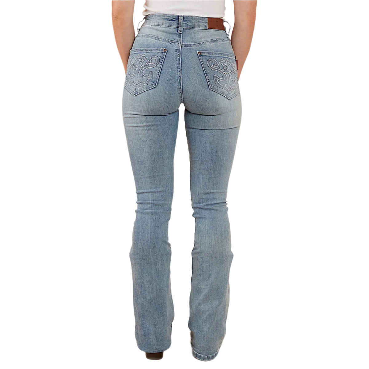 Ringers Western Women's Penny Rodeo High Rise Bootleg Jean - Light Blue Lurex Embroidered Pocket