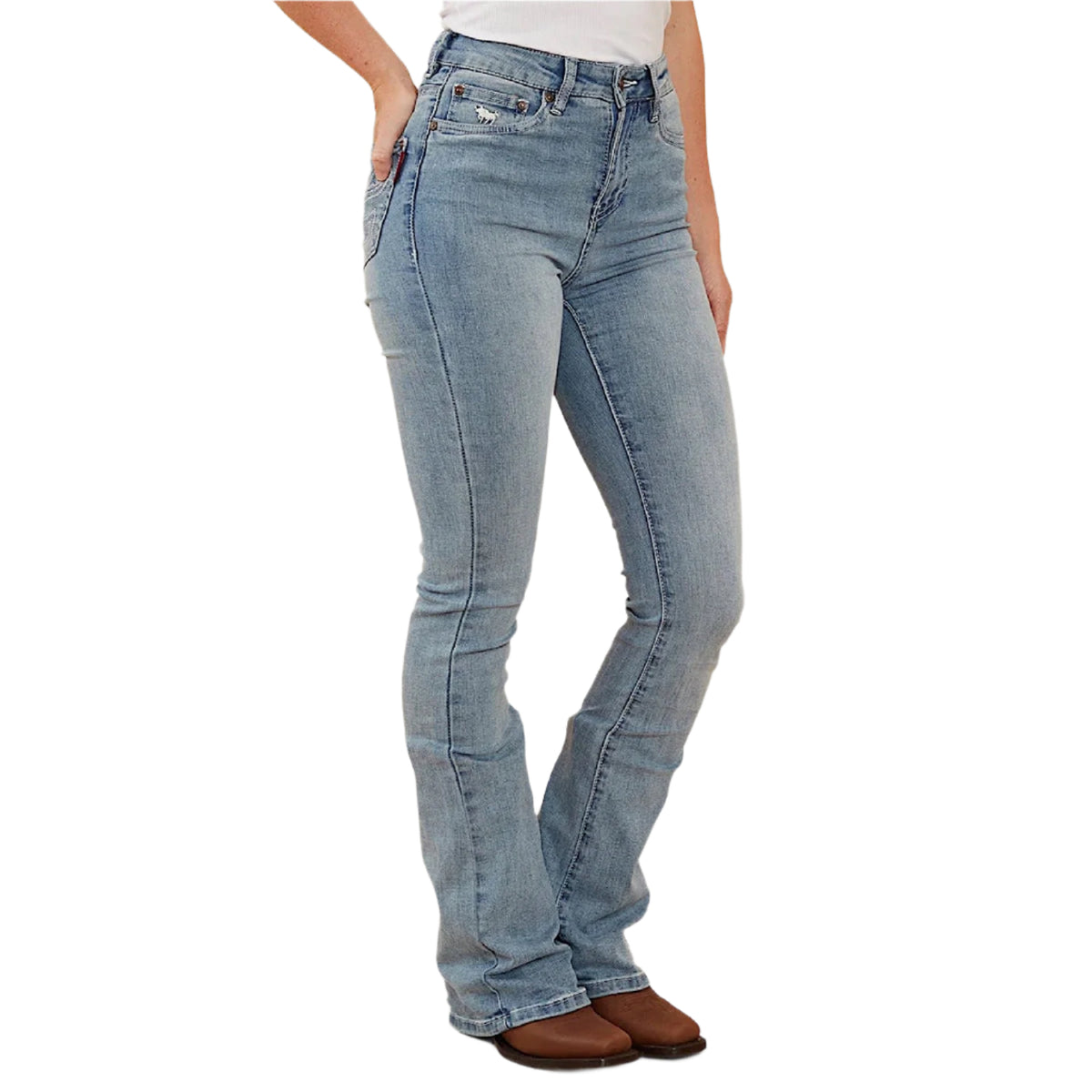 Ringers Western Women's Penny Rodeo High Rise Bootleg Jean - Light Blue Lurex Embroidered Pocket