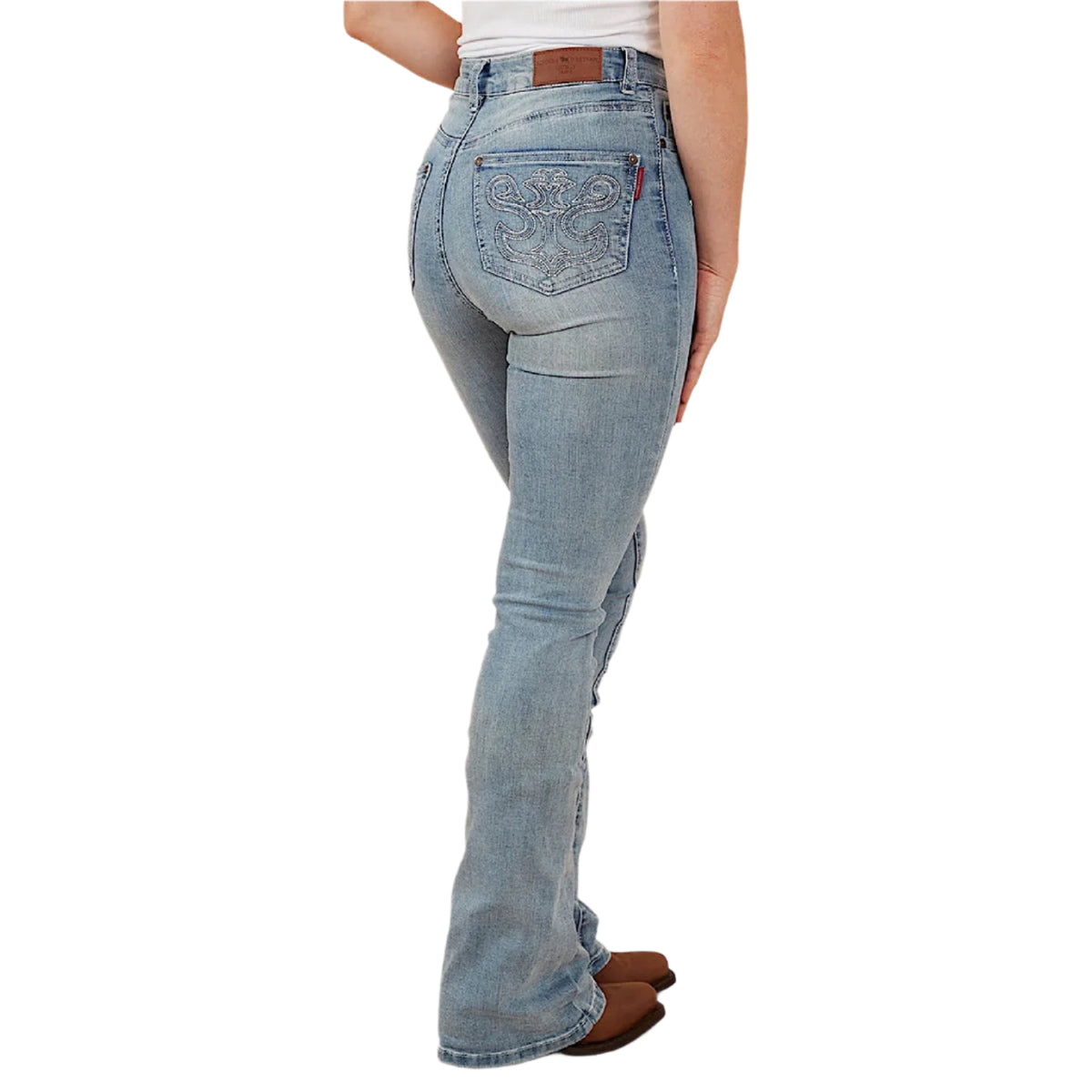 Ringers Western Women's Penny Rodeo High Rise Bootleg Jean - Light Blue Lurex Embroidered Pocket
