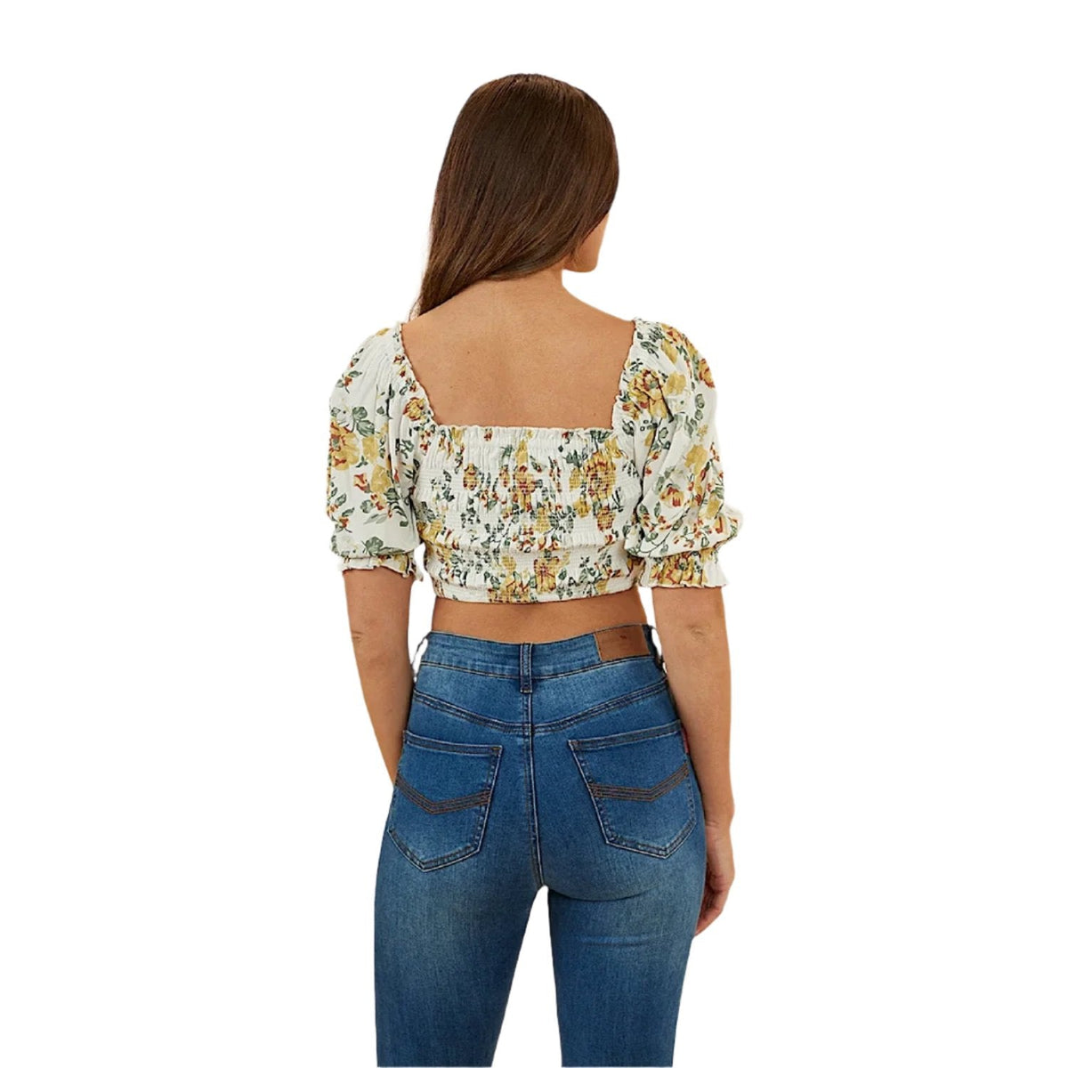 Ringers Western Women’s Rosabel Shirred Top - White Yellow Roses
